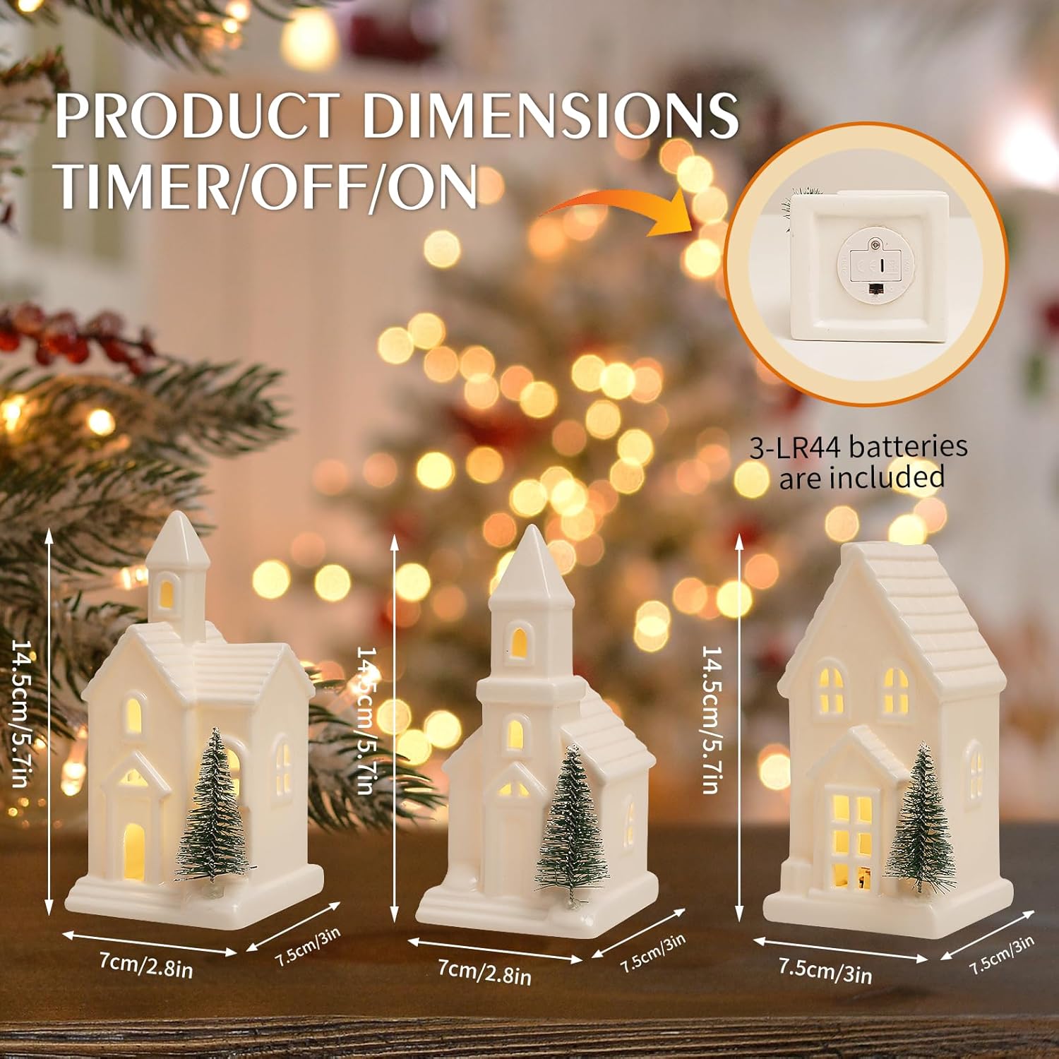 Skiennix Light Up Christmas Houses - White Ceramic Decor with 3 Xmas Trees & Timer | Holiday Village Set