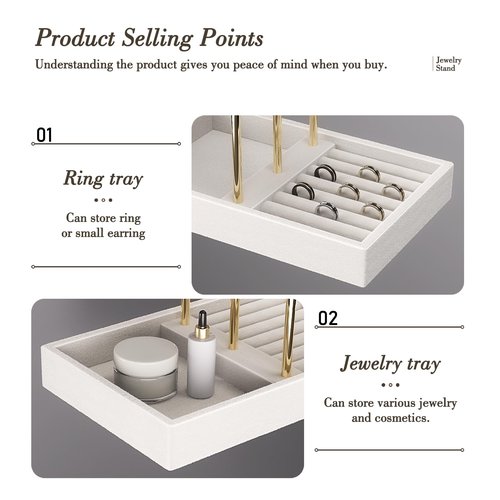 Pangkeep 3 Tier Bracelet Necklace Holder,Jewelry Displays for Vendors,T Bar Velvet Jewelry Stand with Tray,Jewerly Organizer for Bangles Necklace Scrunchie Watches Rings (Beige)