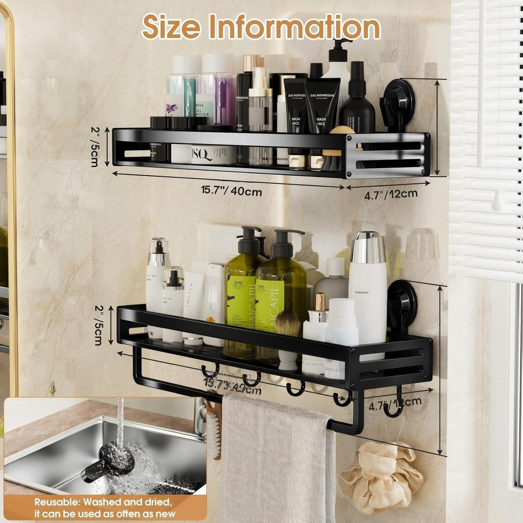 Skiennix Shower Caddy - 15.7 Inch No-Drill Suction Shelf with Hooks | Rustproof Bathroom Organizer - Black