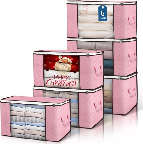 Budding Joy 90L Large Storage Bags - 6 Pack Foldable Closet Organizers for Blankets & Pillows | Pink