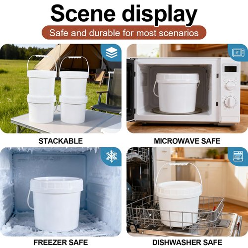 UMETASS 4 Pack 1 Gallon Plastic Buckets with Screw Lids & Handle, Food Grade Storage Containers for Kitchen, Freezer - Reusable White Plastic Bucket Set