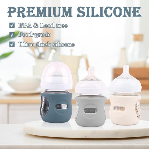 Avent | 3-Pack Silicone Sleeves for Glass Baby Bottles - Anti-Breakage Protection | 4 oz (Grey, Dark Blue, Apricot)