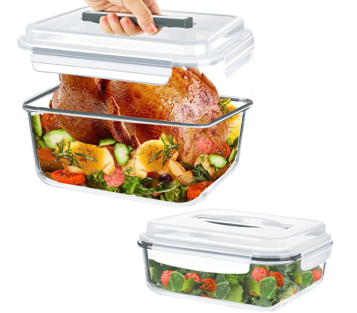 KOMUEE 2 Pack 220oz+76.4oz Extra Large Glass Food Storage Containers Set with Airtight Lids, Big Glass Meal Prep Containers, Ideal for Storing Rotisserie Chicken, Lasagna,Salads, Leak-proof & BPA-Free