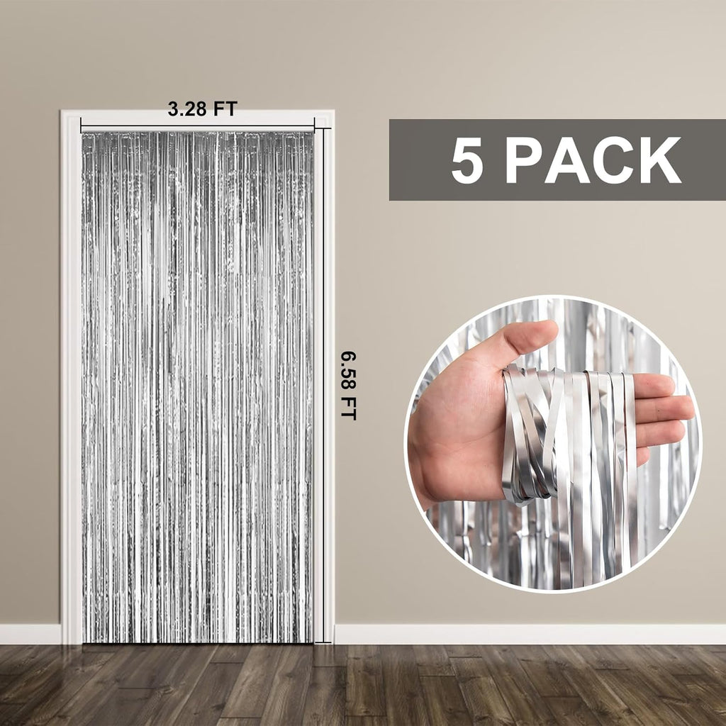 Skiennix Foil Curtain Backdrop - Silver Metallic Tinsel Fringe for Parties & Celebrations | 5 Pack