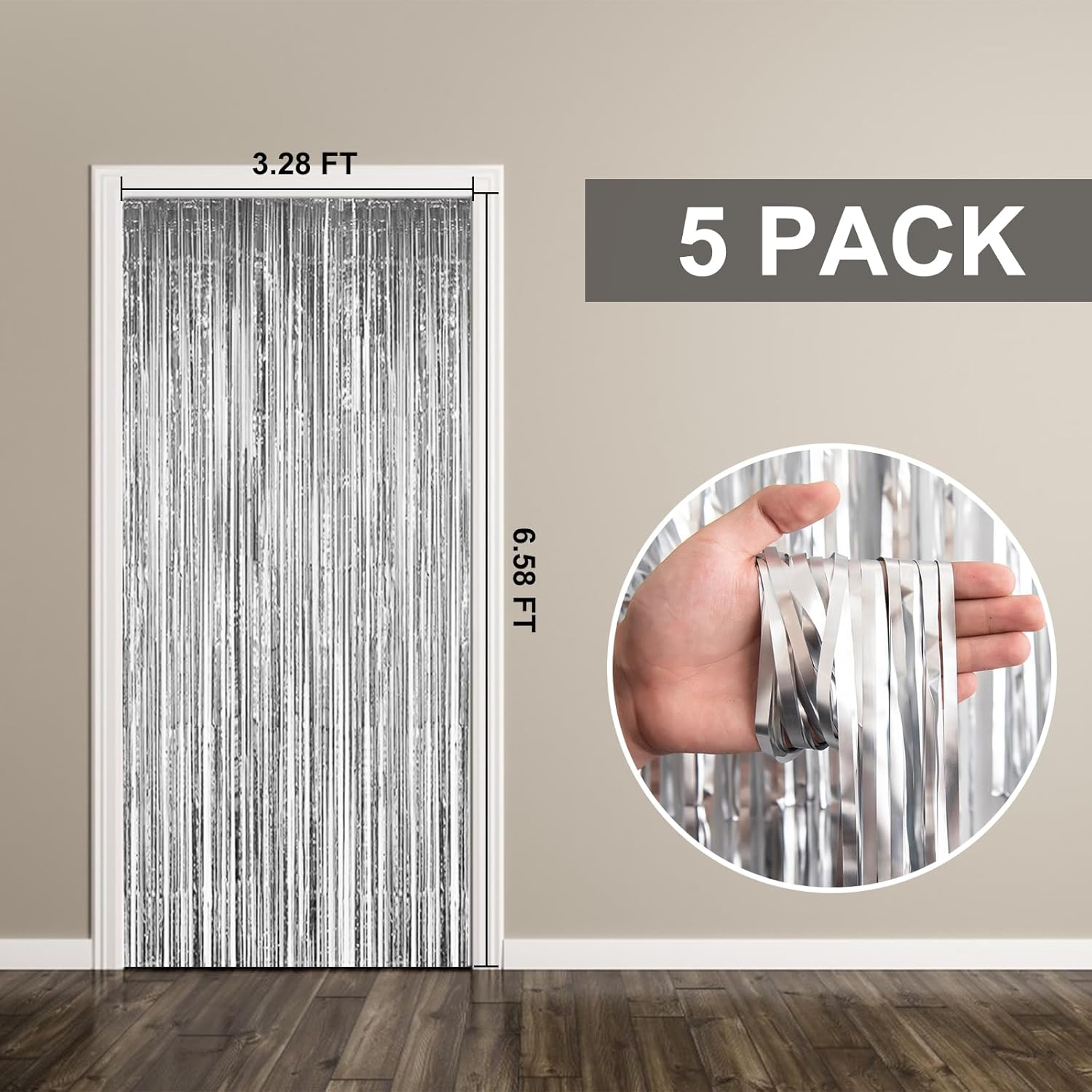Skiennix Foil Curtain Backdrop - Silver Metallic Tinsel Fringe for Parties & Celebrations | 5 Pack
