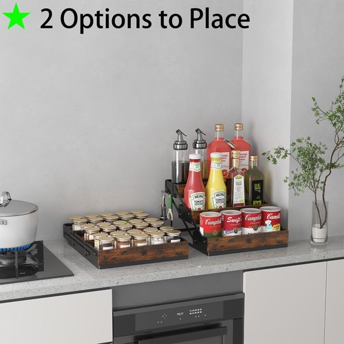 KOKSTOP 3 Tier Foldable Spice Rack Organizer for Countertop, Step Shelf with Spice Jars for Kitchen Cabinet Drawers Seasoning Rustic Wooden Spice Holder for Home, Cupboard or Door - 2PCS