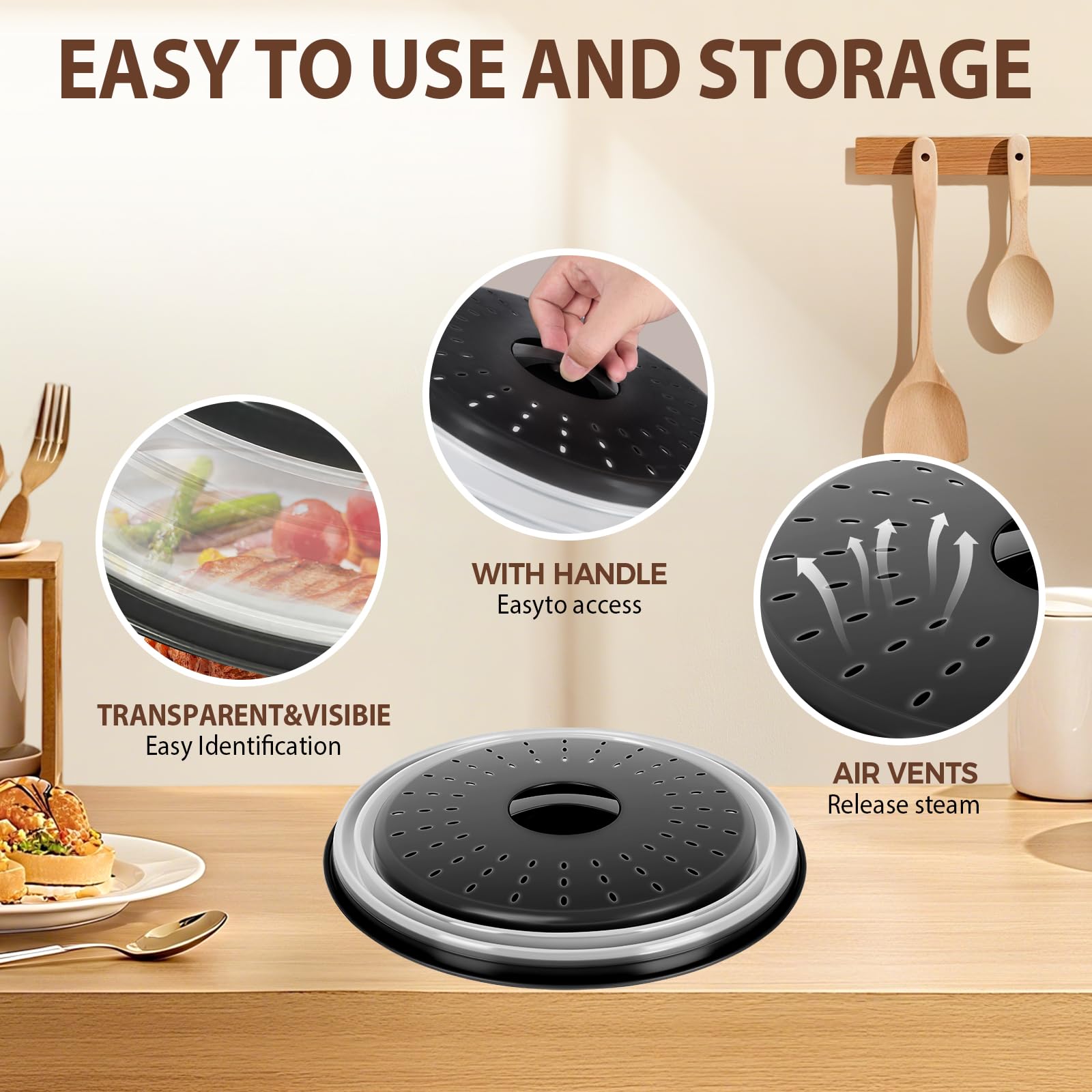 WENWELL 12 Inchs Microwave Splatter Cover & Silicone Mat, Large Vented Collapsible Guard dish Plate lid & Round Kitchen mat for food