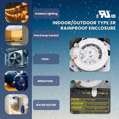 T101R 40A 120V 24-Hour Programmable Timer with 3R Waterproof Enclosure & SPST Dual-Circuit Switch, for Commercial Defrost, Lighting, Fan