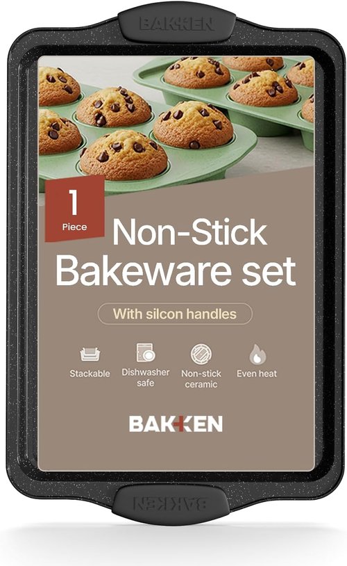 BAKKEN Nonstick Baking Pan - Durable Carbon Steel Cookie Sheet with Gray Silicone Handles | 15.15 x 10.03 Inches, Oven Safe Up to 450°F