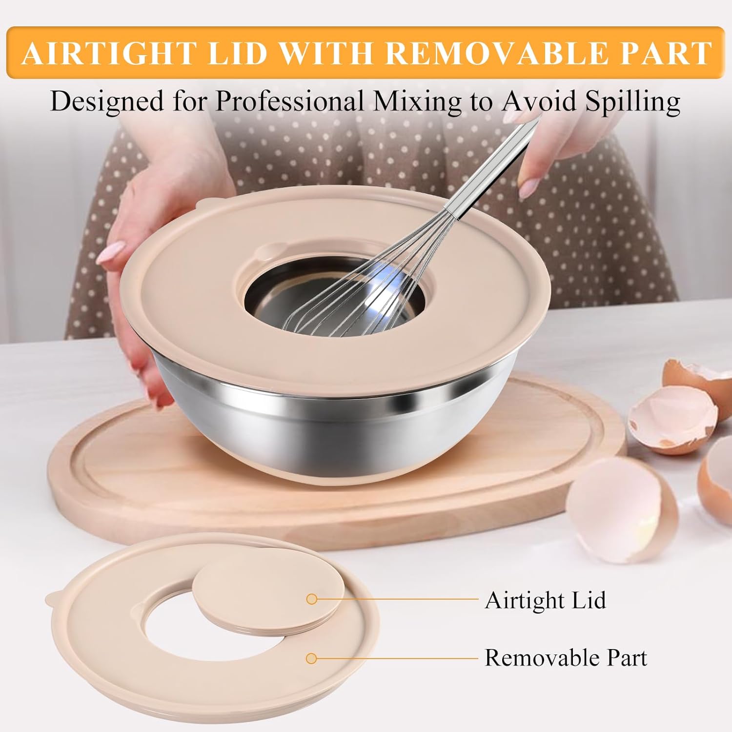 Skiennix Mixing Bowls Set - 20 PCS Kitchen Gadgets with Airtight Lids & Non-Slip Silicone Bottoms | Khaki