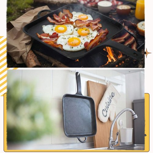 Ferrochef 12 Inch Cast Iron Square Griddle, Seasoned Flat Skillets with Ring Handle, Cast Iron Square Griddle Pan for Stove Top, Stylishly Designed &heat Resistant for Kitchen Cooking