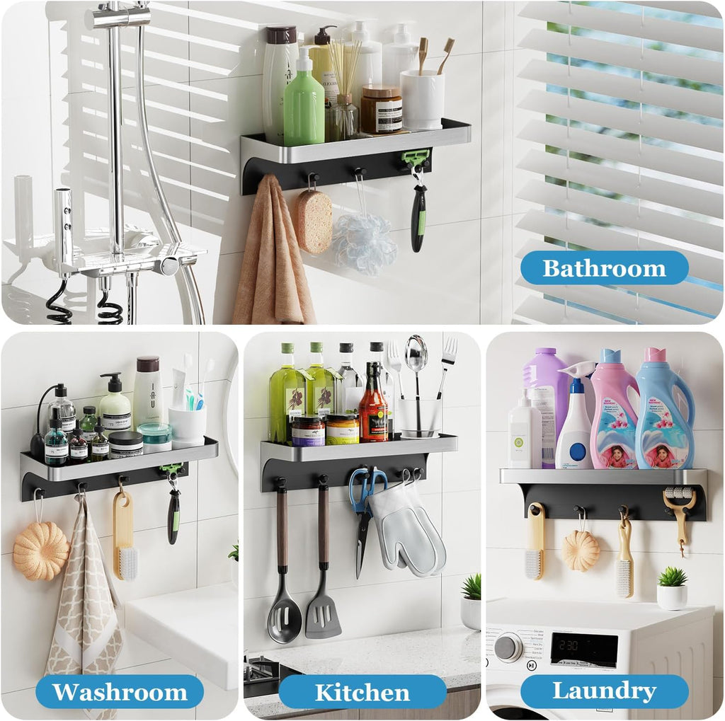 Skiennix Shower Caddy - Adhesive Bathroom Organizer with Hooks | Rustproof Silver Design