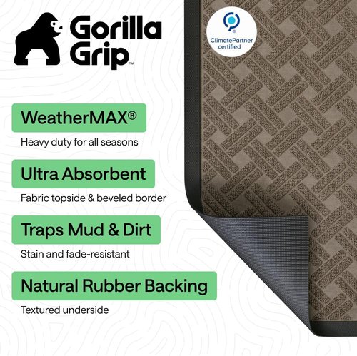 GORILLA GRIP Waterproof All-Season WeatherMAX Doormat - 47x35 Natural Rubber, Stain & Fade Resistant, Easy Clean Taupe Basket Weave