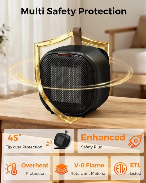 Electactic Portable Ceramic Space Heater - 1500W Indoor Heater with Thermostat & Safety Features | Black, Heats 200 Sq Ft