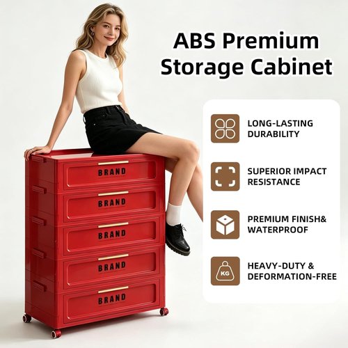 300QT Foldable Storage Cabinet - 5-Tier Organizer with Magnetic Door & Wheels | Space-Saving Red Unit for Dorm, Apartment, Office