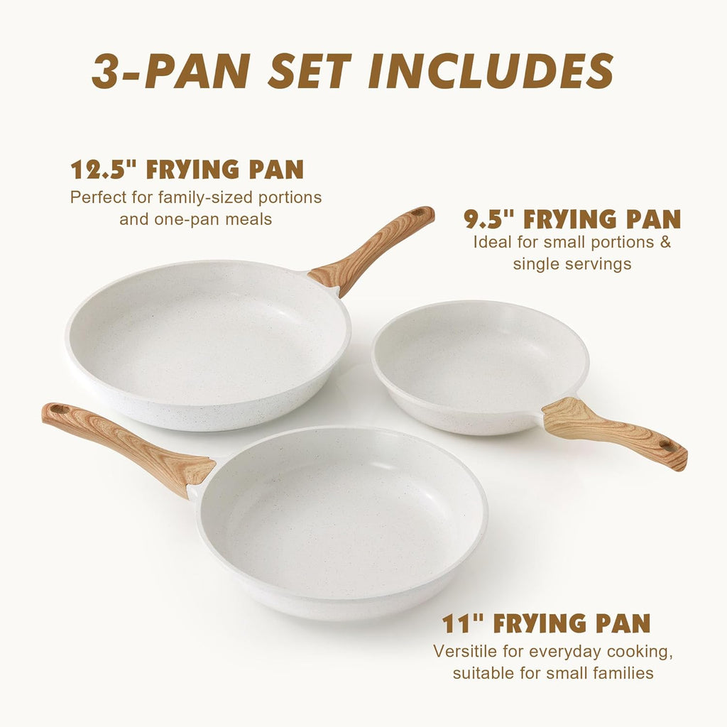 SENSARTE Nonstick Frying Pan Set - White Ceramic Coating Chef's Cookware | PTFE & PFAS Free (9.5, 11, 12.5 Inch)