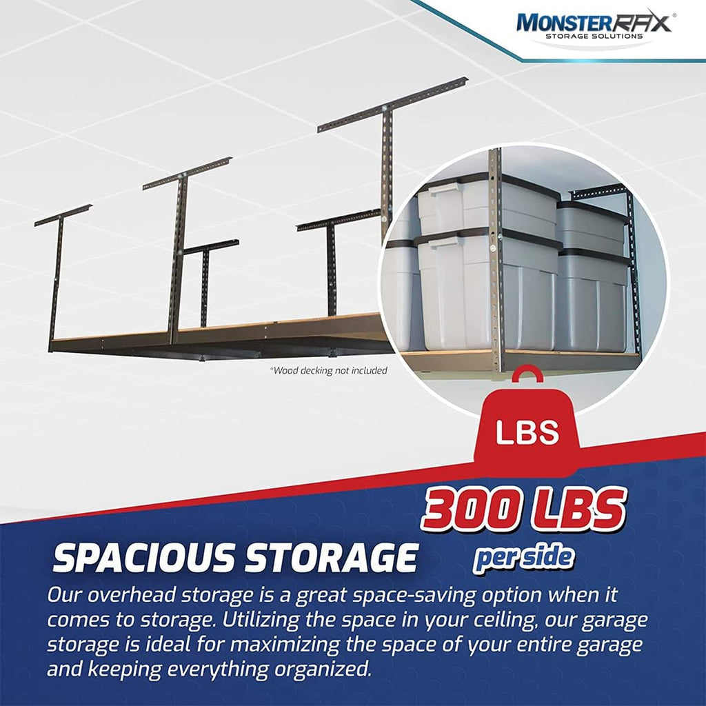 MonsterRax Overhead Garage Storage Rack Frame Kit - Adjustable Ceiling Shelving System (Hammertone, 18"-33")