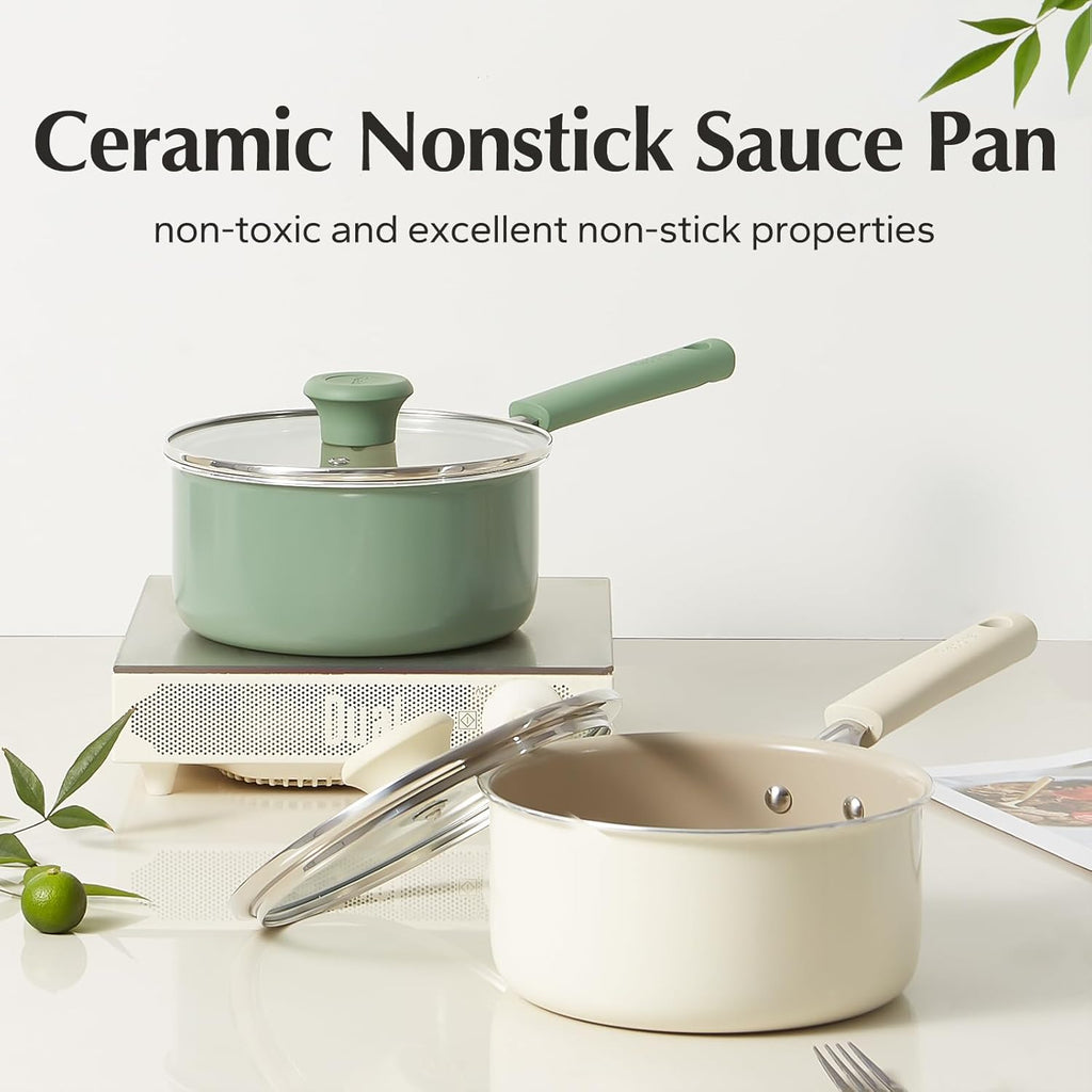 Redchef Ceramic Nonstick Saucepan - 1.5QT Small Cooking Pot with Lid, PFAS-Free, Green Color