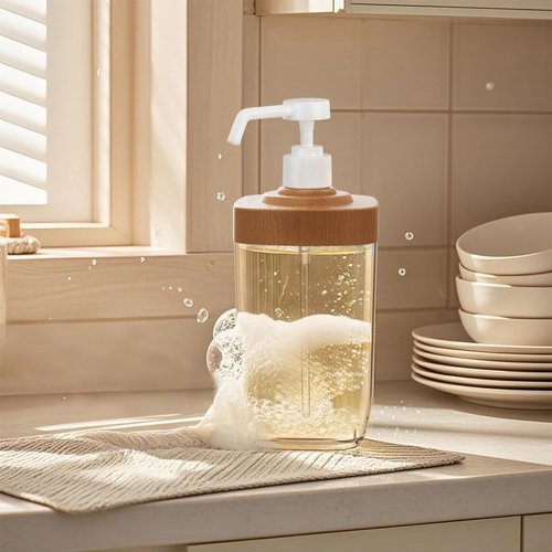 Kitchen Soap Dispenser with Sponge Holder, 800ml Large Capacity Dish Soap Dispenser Caddy, Shatterproof & Rustproof Sink Organizer with Extended Tube, Removable Caddy - Free Funnel Included-Wood Grain