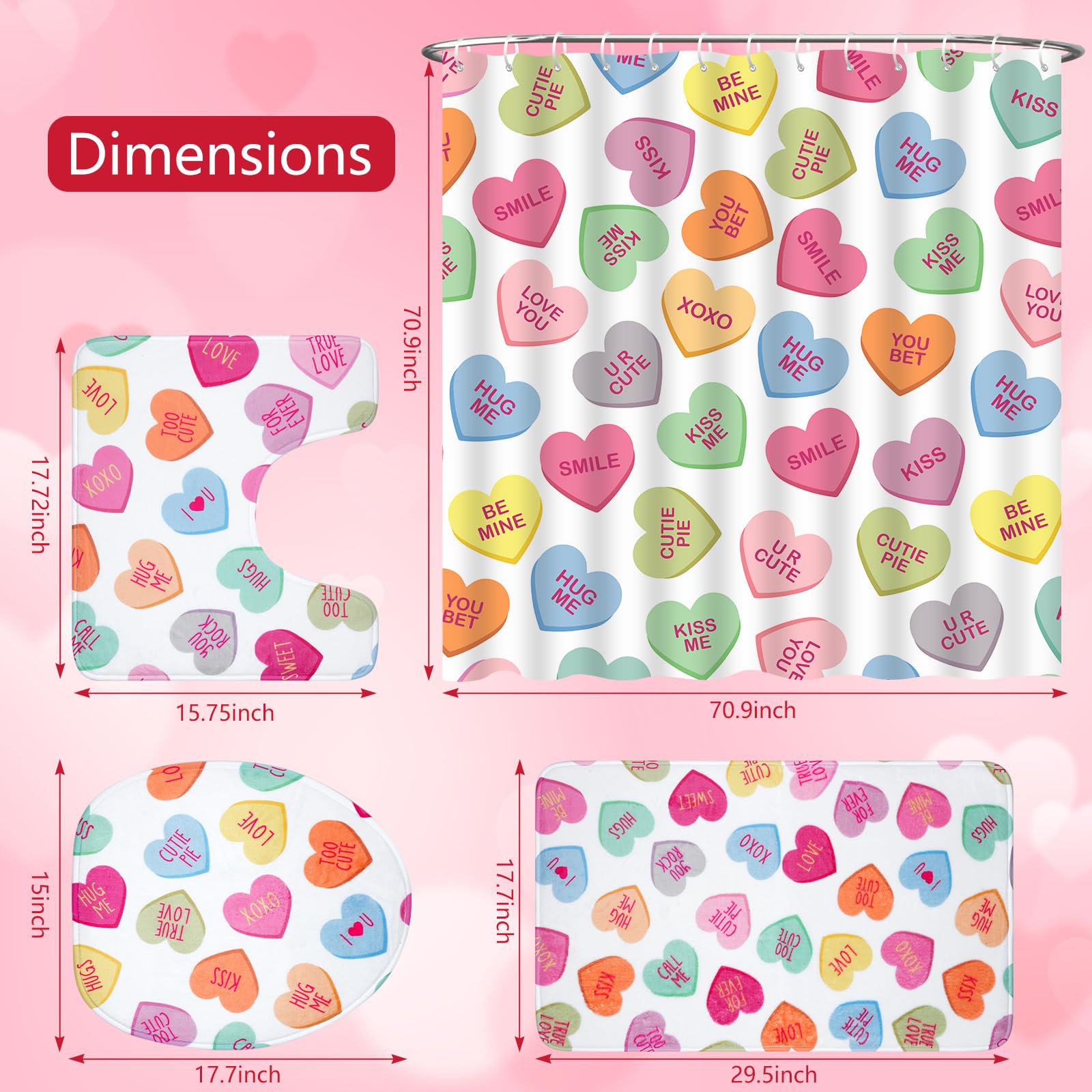 Hauwellter 4 Pcs Valentines Day Shower Curtain Sets, Pastel Heart Valentine Bathroom Set with Shower Curtains and Non Slip Rug Toilet Lid Cover U Shaped Bath Mat, Valentines Day Bathroom Decorations