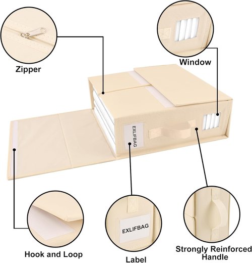 EXLIFBAG Sheet Organizers - Foldable Bed Sheet Storage with Window | XL for Queen & King Size, Beige