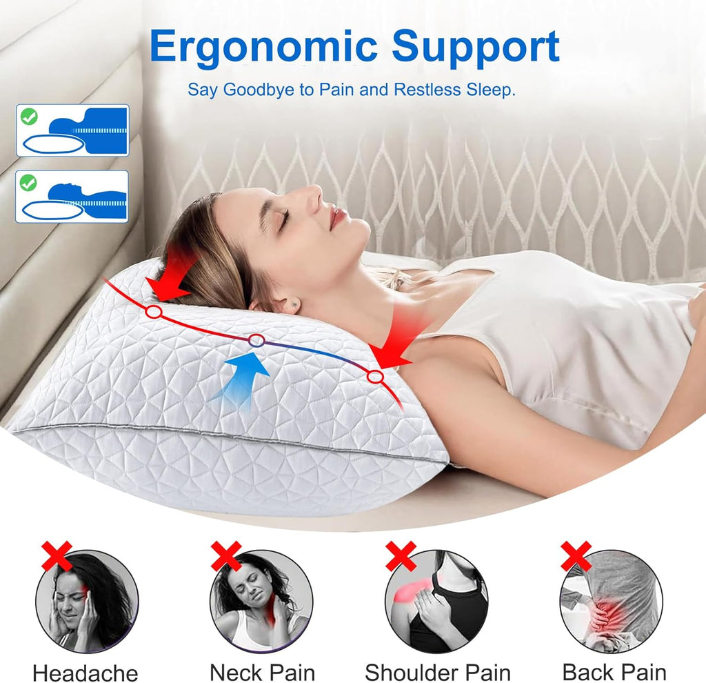 Skiennix Cooling Pillows | Queen Size Set of 2 | Shredded Memory Foam for Hot Sleepers | 20" x 30", White