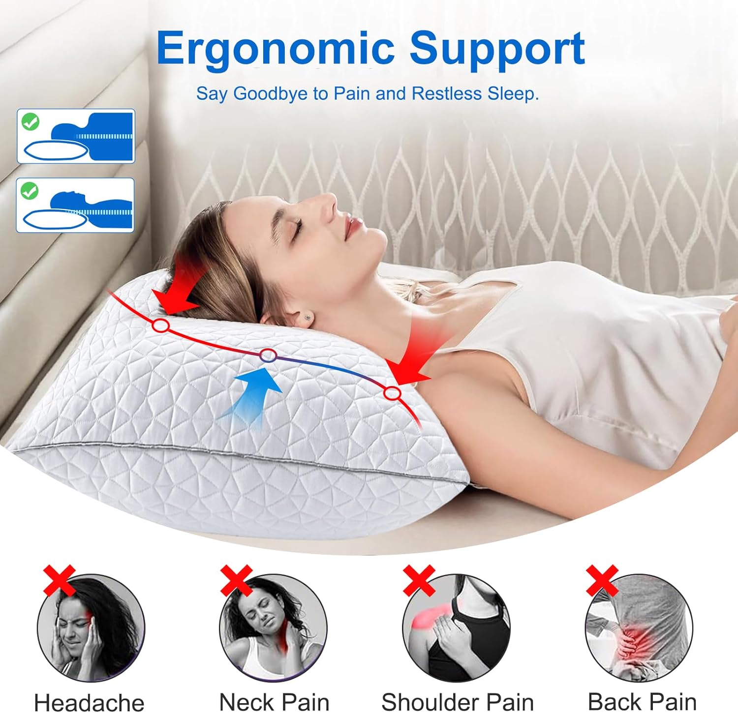 Skiennix Cooling Pillows | Queen Size Set of 2 | Shredded Memory Foam for Hot Sleepers | 20" x 30", White