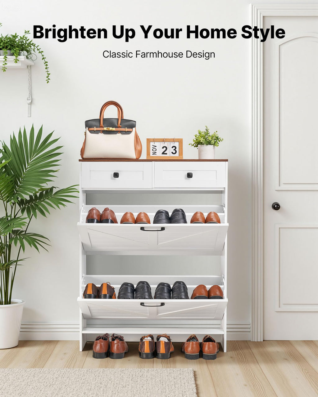 VEVOR Shoe Cabinet with 2 Flip Drawers, Farmhouse Shoes Storage Cabinet with 2 Drawers and Anti-Tipping Device, Freestanding Shoe Organizer Ideal for Entryway, Hallway, Bedroom, Living Room, White