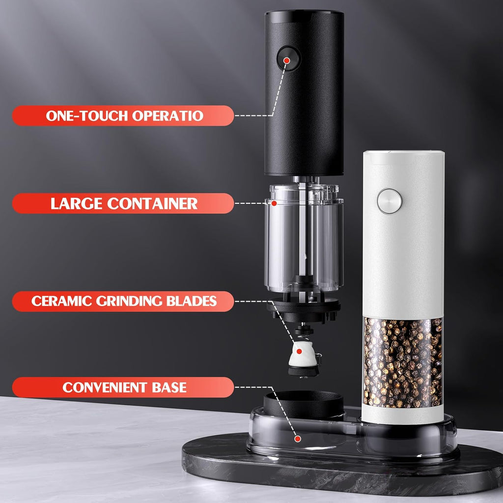 Skiennix Electric Salt and Pepper Grinder Set - Automatic Kitchen Mill with Adjustable Coarseness | Larger Capacity & LED