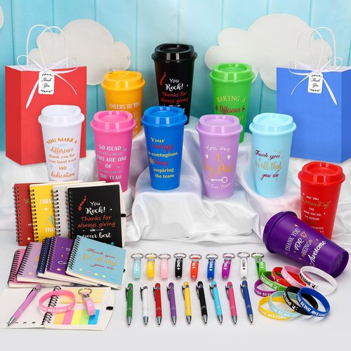 141Pcs/20Set Employee Appreciation Gift Bulk Inspirational Thank You Gift with 16oz Plastic Tumblers Notebooks Pen Silicone Bracelets Keychain for Christmas Team Staff Teacher Nurse Coworker Volunteer