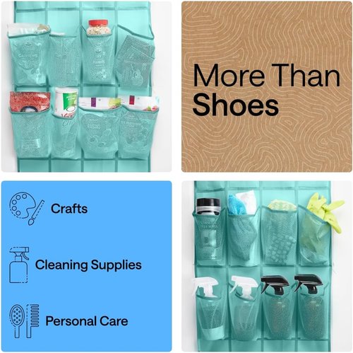 GORILLA GRIP Over The Door Shoe Organizer - 24 Large Breathable Mesh Pockets | Space-Saving Storage in Turquoise