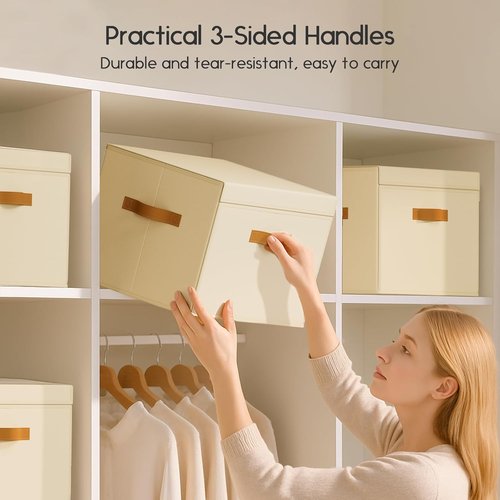 Homsorout Large Storage Bins with Lids - Front Opening Fabric Organizers | Collapsible Beige Baskets, 6 Pack