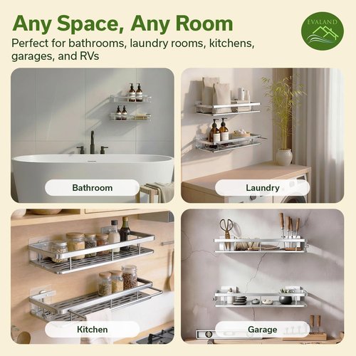 EVALAND Shower Caddy - Adhesive 2-Pack with Hooks & Rod | Premium Rustproof Bathroom Organizer, Silver