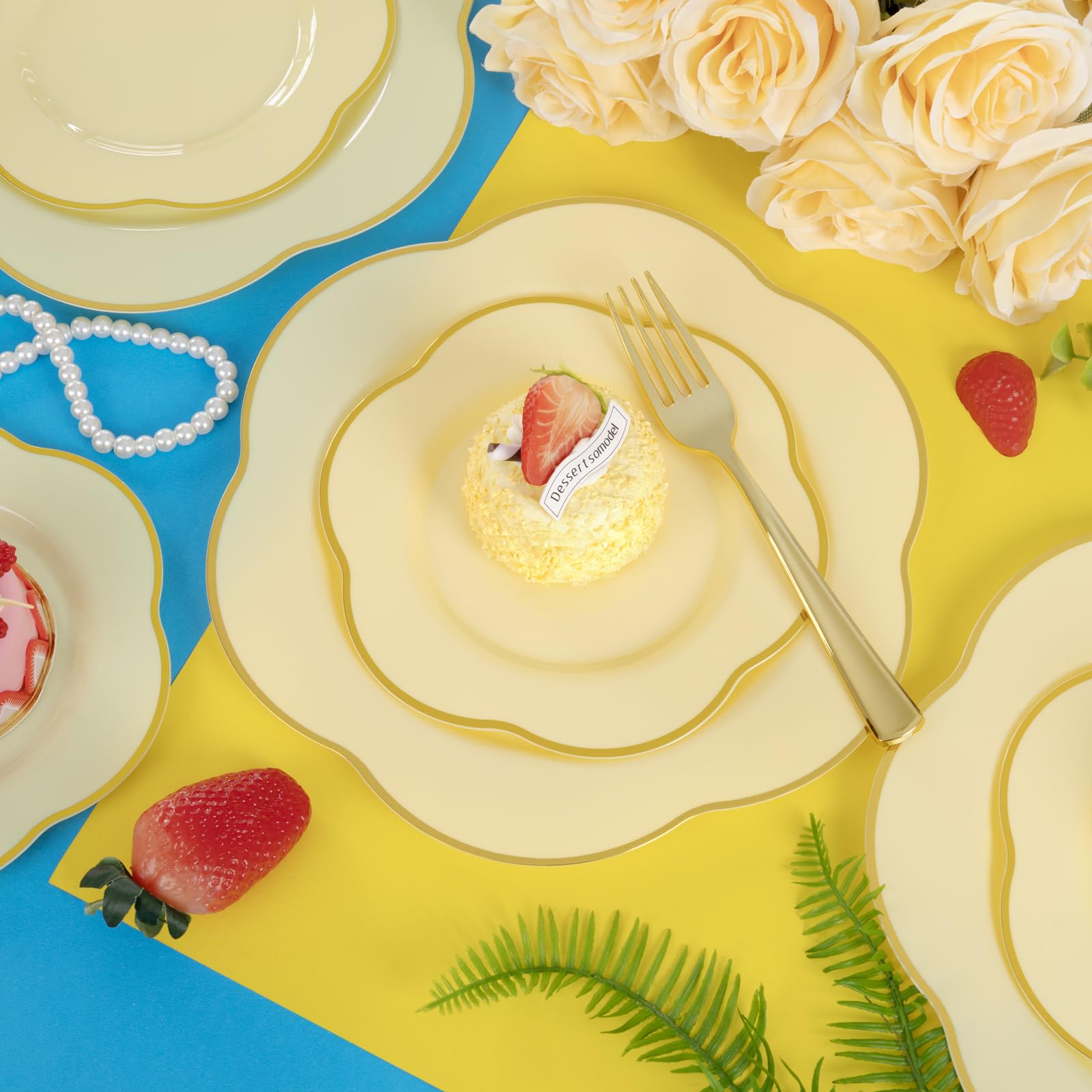 Liacere 50PCS Yellow Plastic Plates - Heavy Duty Disposable -Yellow and Gold Include 25PCS 7inch and 25PCS 10inch Plates for Mothers Day & Baby Shower & Spring & Party