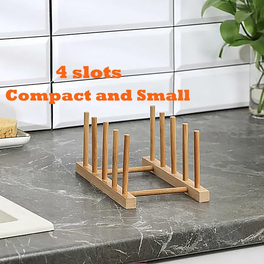 Yuixoseu 4 Pcs Bamboo Wooden Dish Rack, Plate Organizer for Cabinet Space Saver and Kitchen Counter, Bowl/Cup/Pot Lid/Cutting Board Drying Holder (4 Slots)