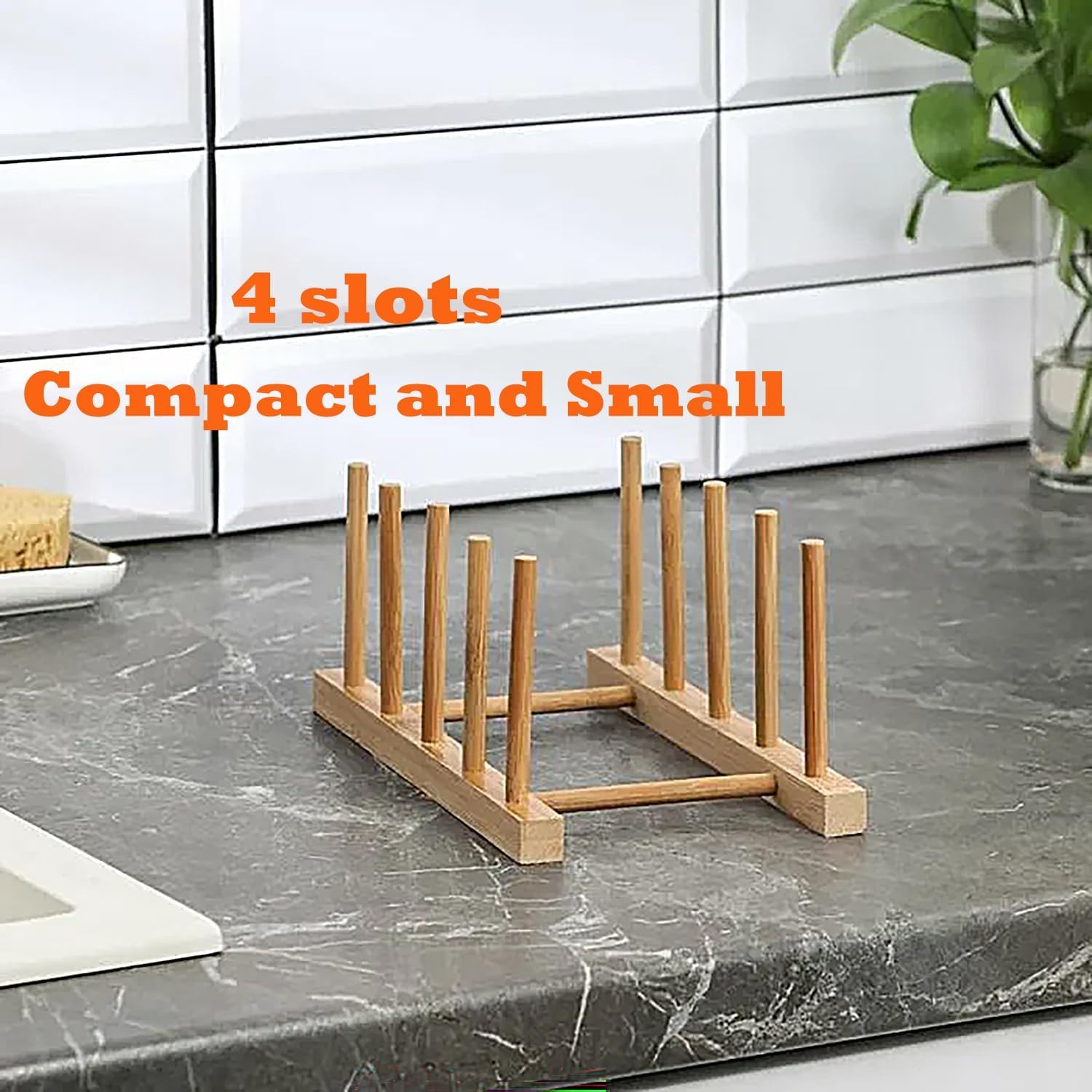 Yuixoseu 4 Pcs Bamboo Wooden Dish Rack, Plate Organizer for Cabinet Space Saver and Kitchen Counter, Bowl/Cup/Pot Lid/Cutting Board Drying Holder (4 Slots)