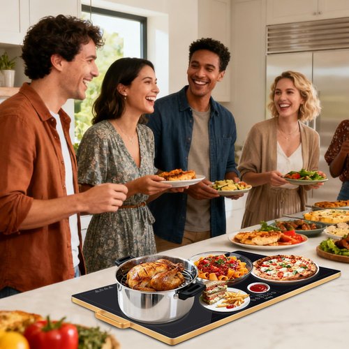Warming Mat for Food,（Extra Long 32”x18”） Warming Tray with Adjustable Thermostat, 2 Temperature Modes for Parties Buffet, Parties, Holidays, Family Gatherings, Gold Edge (Black, Extra Large 32"x18")