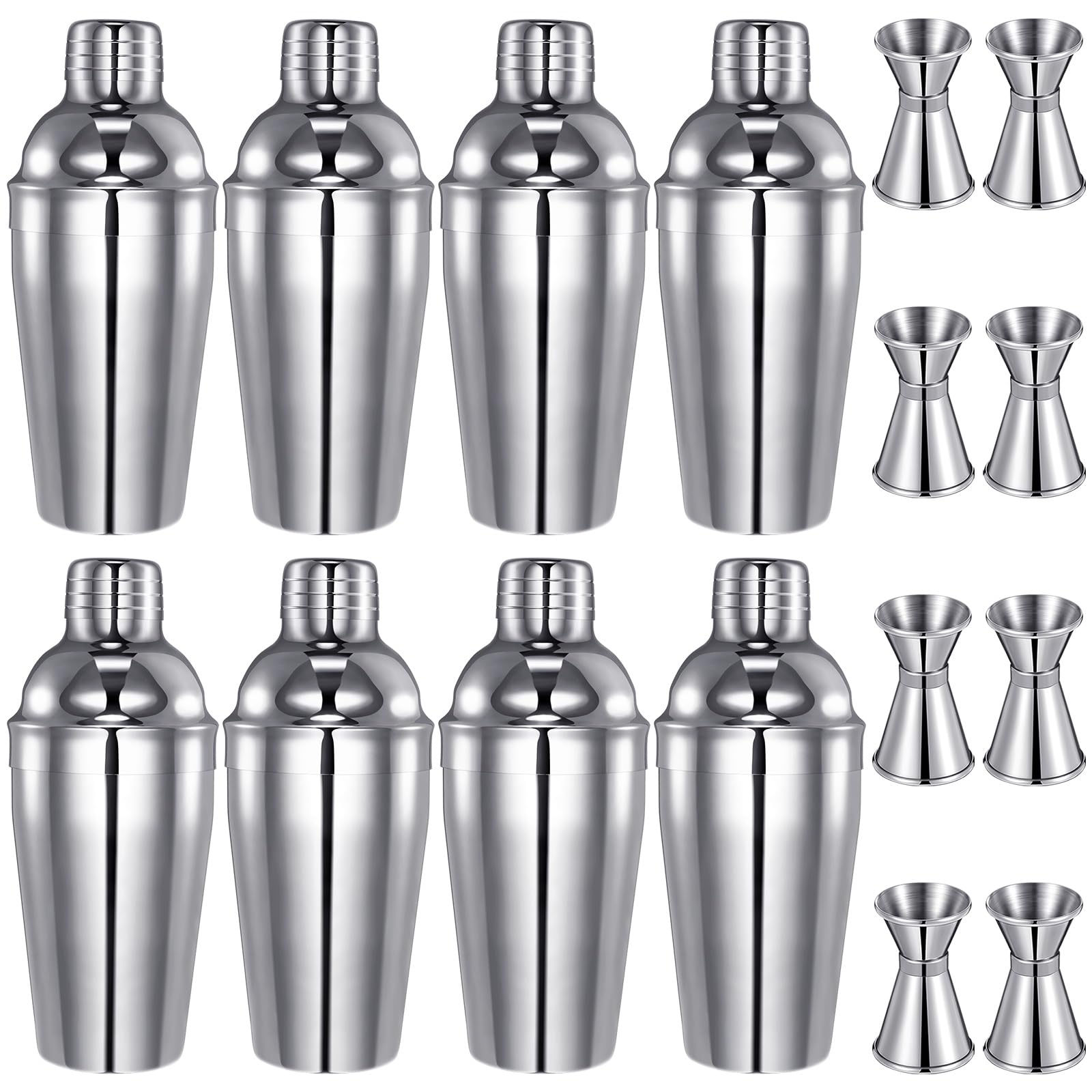 Umigy Cocktail Shaker Set Martini Shaker Bulk Stainless Steel Martini Mixer with Strainer and Double Measuring Jigger for Bar Party Home Use Wine Bar(18 Oz/ 550 ml,8 Packs)