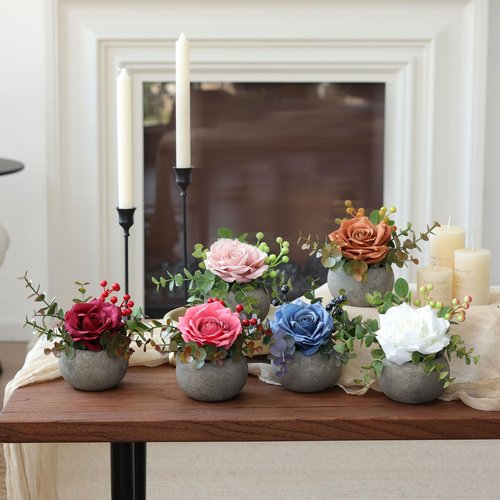 mizii DIY Small Artificial Flowers Potted Kit Fake Flower Realistic Silk Rose and Greenery with Vase for Gifts Table Centerpiece Mantle Office Desk Shelves Living Room Decorations (Navy Blue)