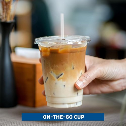 Freshware 12 oz Clear Disposable Plastic Cups - Heavy-Duty Tumblers with Flat Lids & Straws | 100 Pack for Parties