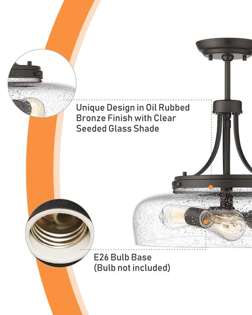 EAPUDUN Farmhouse Semi Flush Mount Ceiling Light Fixture, 3-Light Industrial Pendant Light in Oil Rubbed Bronze Finish with Clear Seeded Glass Shade, SMA1126-ORB