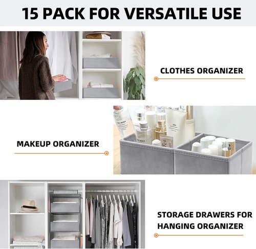 Criusia Drawer Organizers - 15 Pack Foldable Fabric Storage Bins for Baby Clothes & Adult Socks | Grey