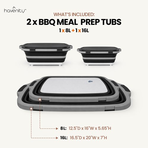 Havenity BBQ Prep Tub 2 Pack (8L+16L) - Multifunctional Collapsible Camping Cutting Board with Upgraded Locking lid, Meal Prep Meat Storage Container Perfect for Grilling, Outdoor Cooking (Large + XL)