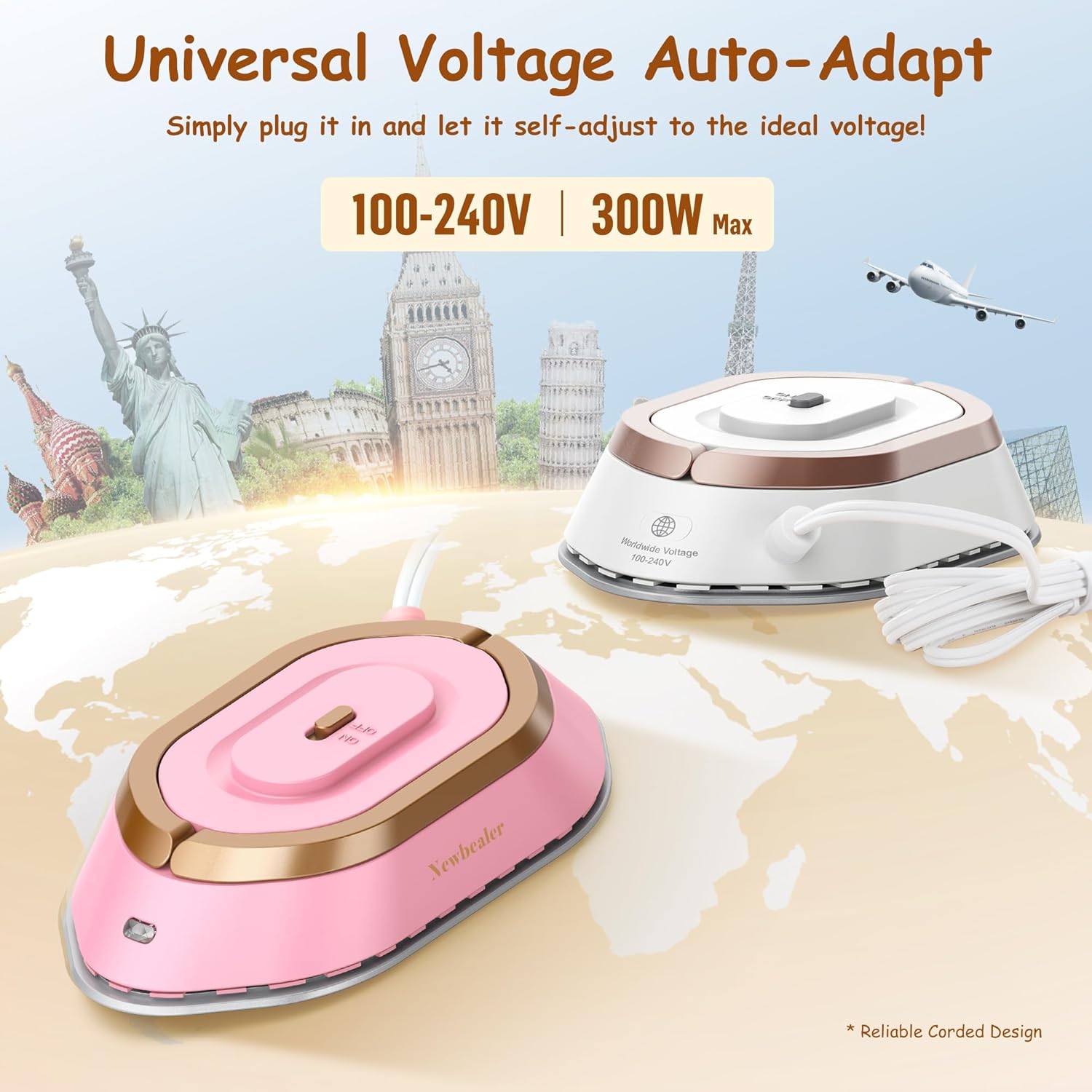 Newbealer Travel Iron - Mini Dry Iron with Global Voltage, 100-240V, 300W, Non-Stick Soleplate (Gold)