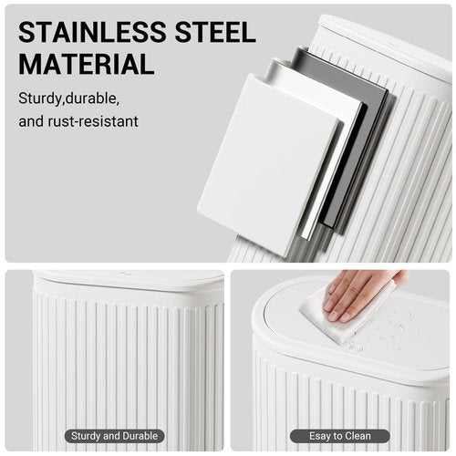 Figella 1.8 Gallon Bathroom Trash Can with Lid Press-Top, Small White Stainless Steel Garbage Can with Removable Inner Bucket, Slim Fit Narrow Spaces for Bedroom Office