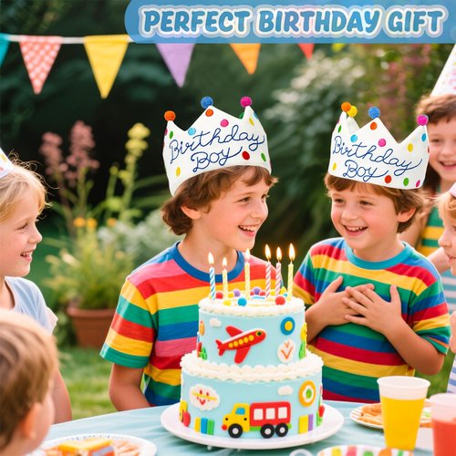Hand Embroidered Birthday Boy Crown Hat, Reusable Rainbow Party Hat, Made From 100% Natural Fiber Linen, Boy First Birthday Crown With Wool Balls for Kids Boys Celebration Party Decor Fit All Ages