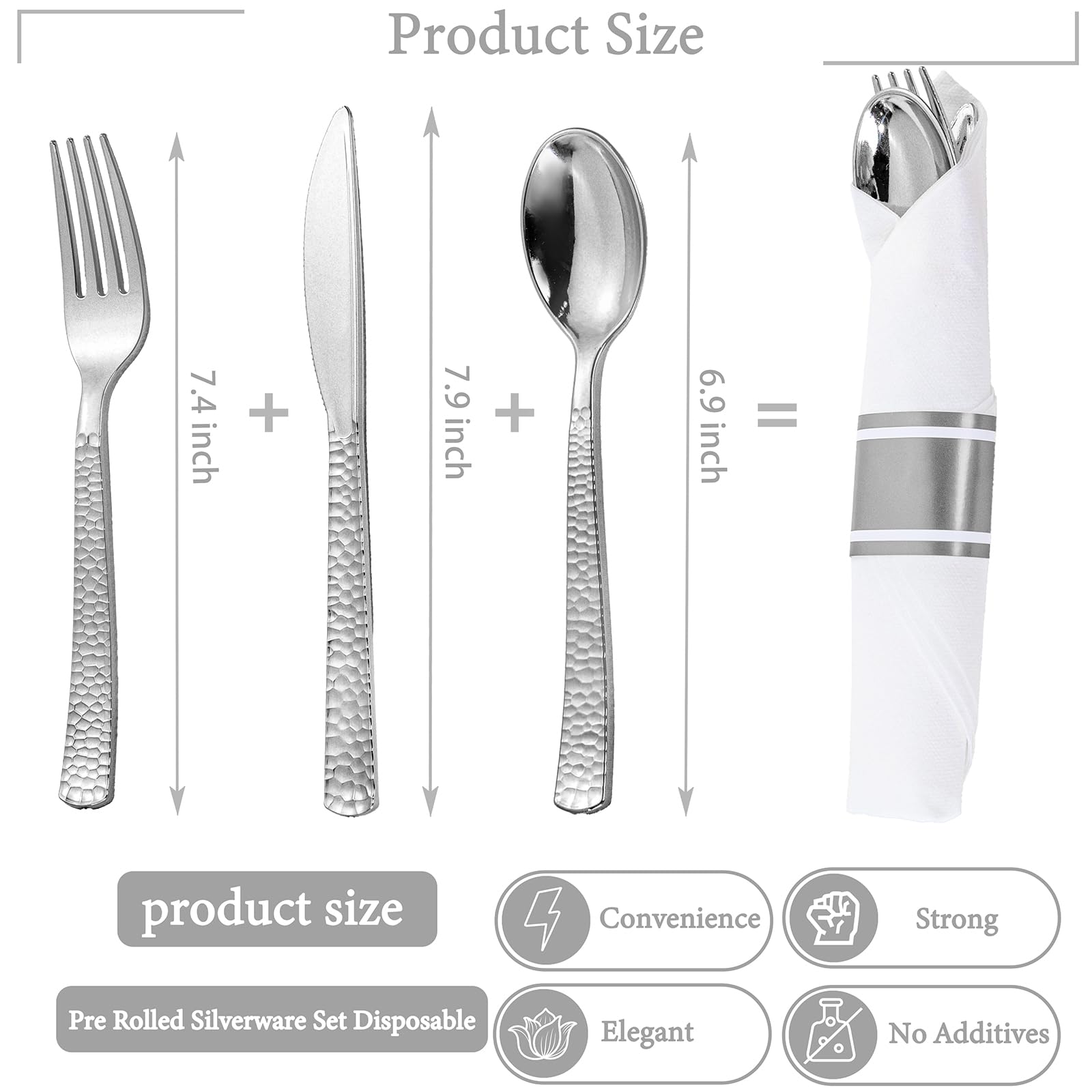 WELLIFE 75 Pack Silver Plastic Silverware,Pre Rolled Silverware Set Disposable,Disposable Cutlery Includes: 75 Forks, 75 Knives, 75 Spoons, 75 Napkins,Plastic Utensils for Party and Wedding
