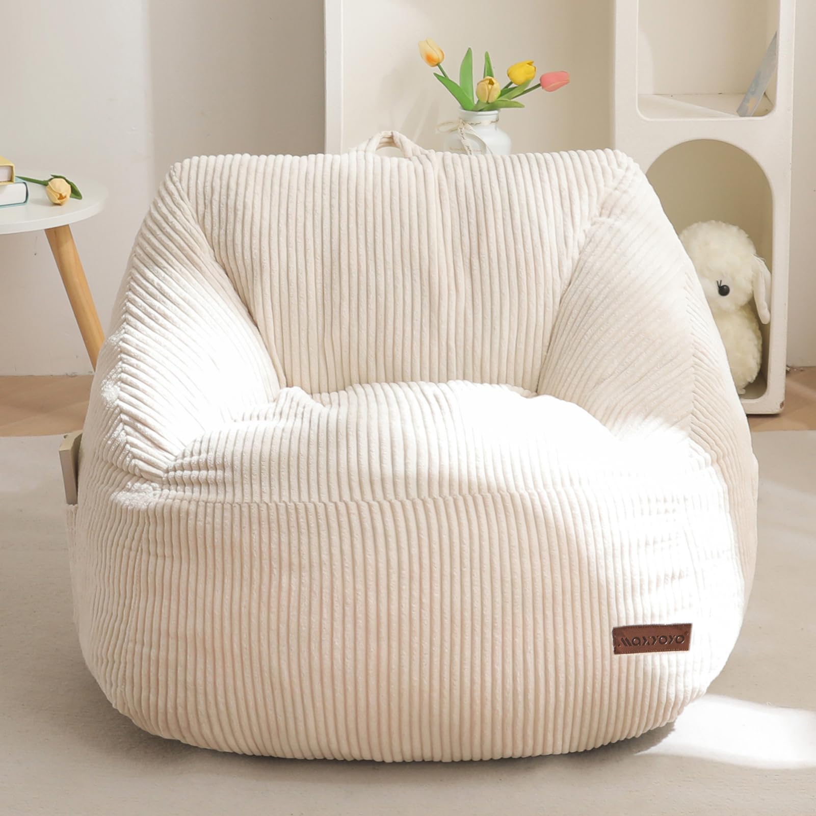 MAXYOYO Kids Bean Bag Chair, Bean Bag Couch with Handle, Comfy Toddler Chair for Boys and Girls, Accent Sofa Chair with Pocket for Gaming Reading Relaxing, Beige