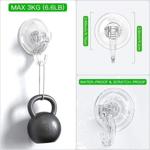 LUXEAR Suction Cup Hooks - 6 Pack Reusable Waterproof Hooks for Shower, Bathroom, Kitchen | Clear Design