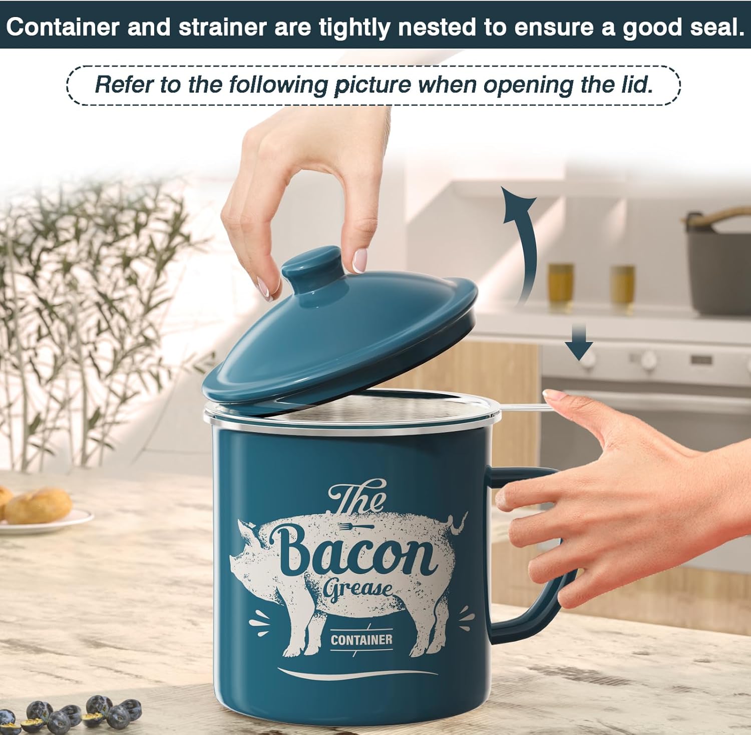 Skiennix Bacon Grease Container - 46oz Enamel Keeper with Strainer & Silicone Spatula | Dishwasher Safe - Blue